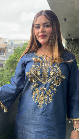 Cotton denim dabka work long silhouette Cotton denim dabka work long silhouette