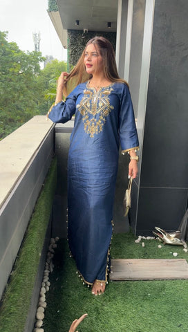 Cotton denim dabka work long silhouette Cotton denim dabka work long silhouette