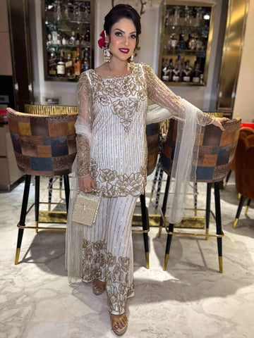 White Embroidered Heavy Sharara Suit White Embroidered Heavy Sharara Suit