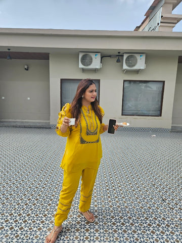 Yellow Embelished Set With Balloon Sleeves Yellow Embelished Set With Balloon Sleeves