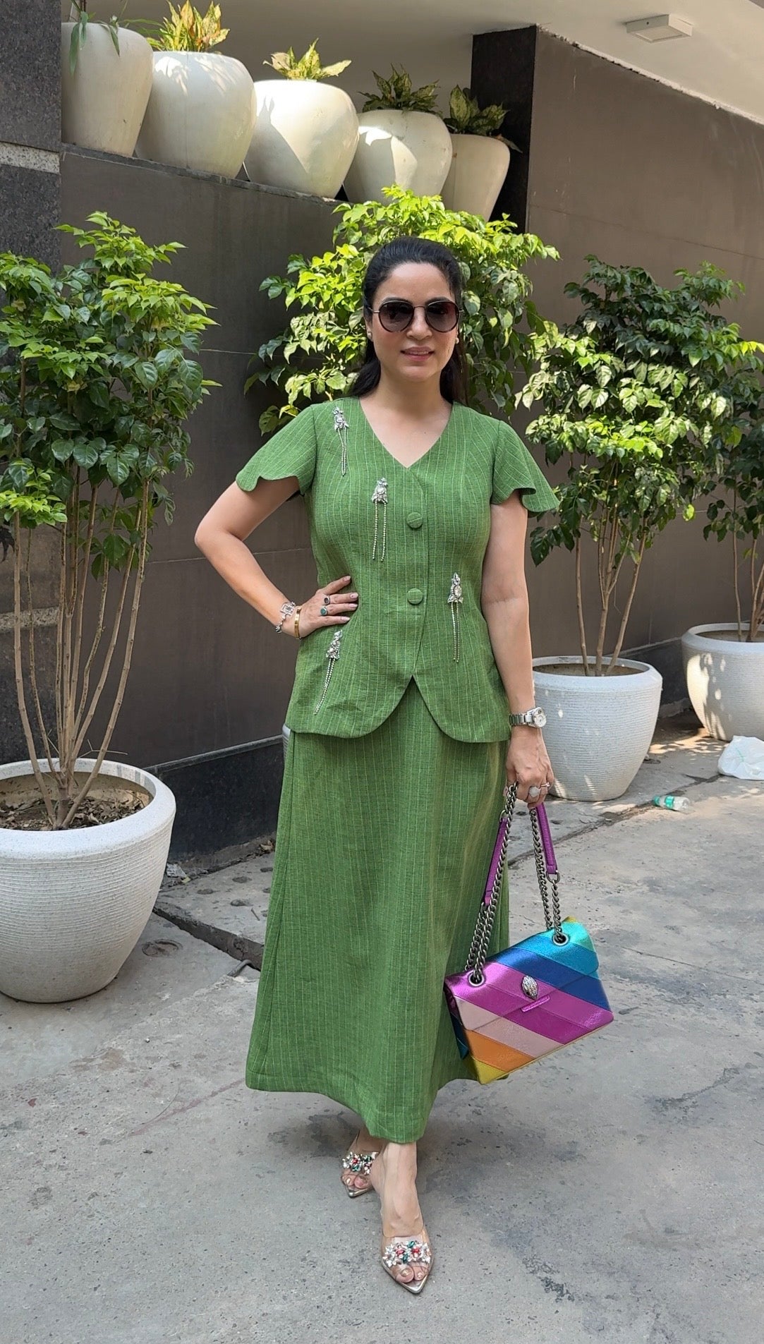 Stripes green linen skirt-top