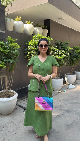Stripes green linen skirt-top