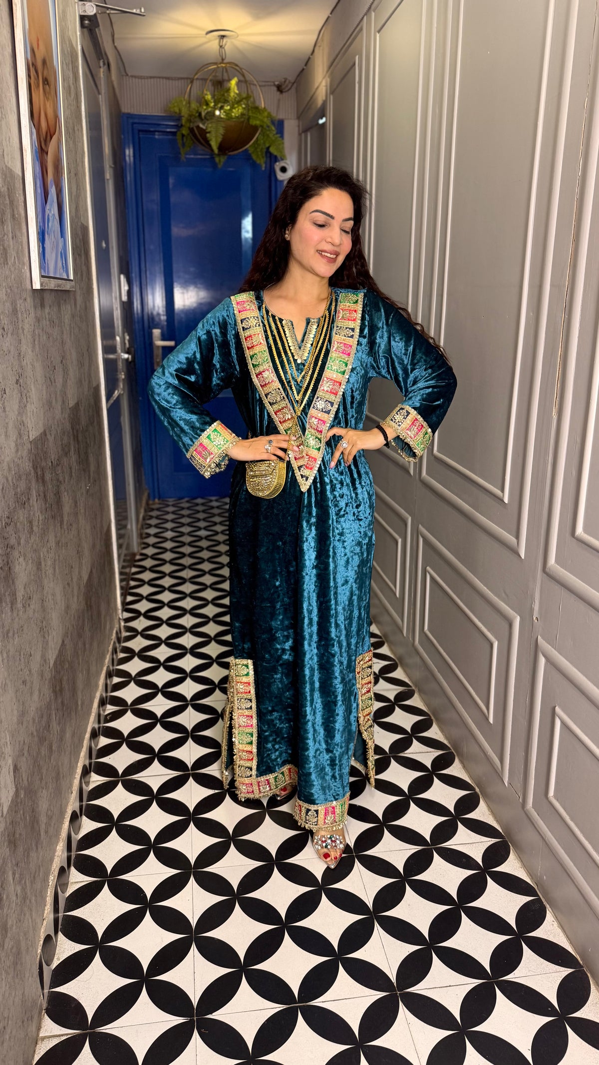 Turquoise velvet long kurta