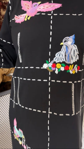 Running Stich Birds Embroidery Dress