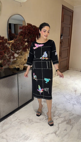 Running Stich Birds Embroidery Dress