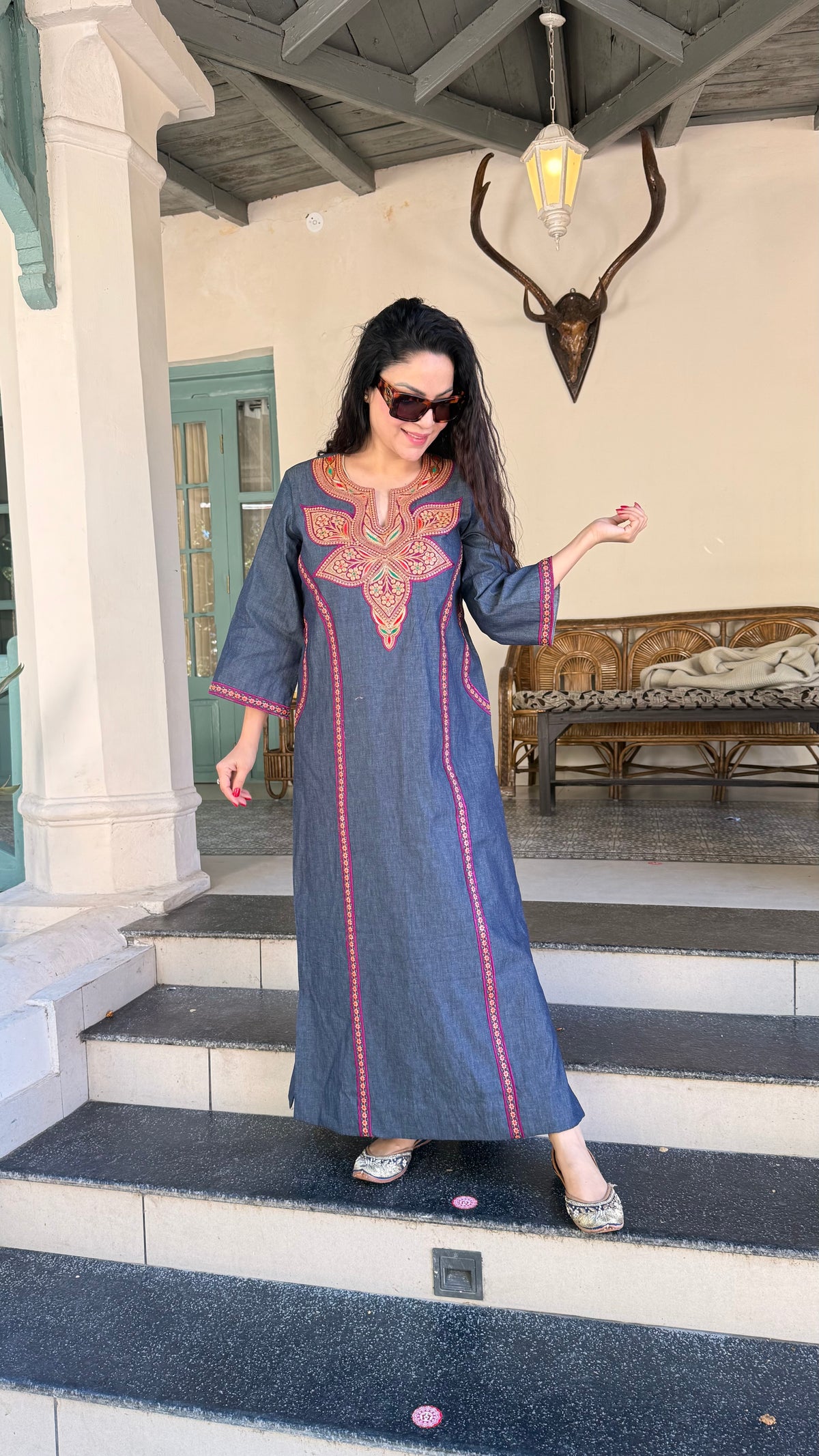 Denim aari work long kurta