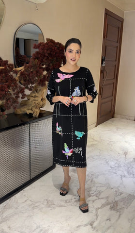 Running Stich Birds Embroidery Dress