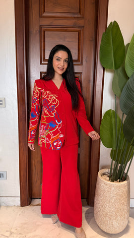 Red embroidered blazer set