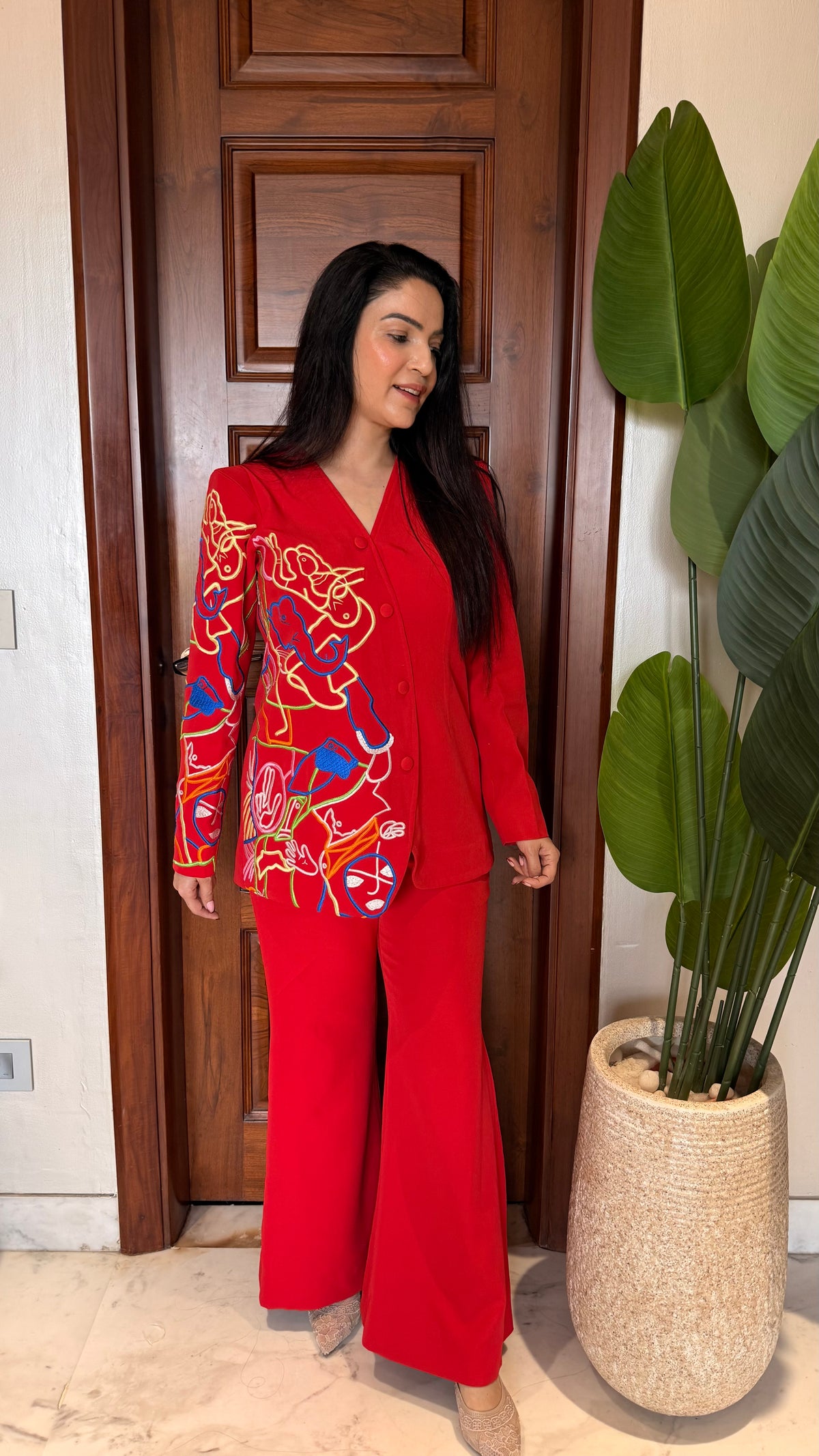 Red embroidered blazer set