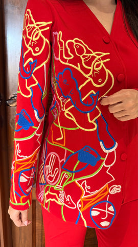 Red embroidered blazer set