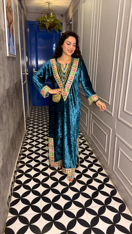 Turquoise velvet long kurta