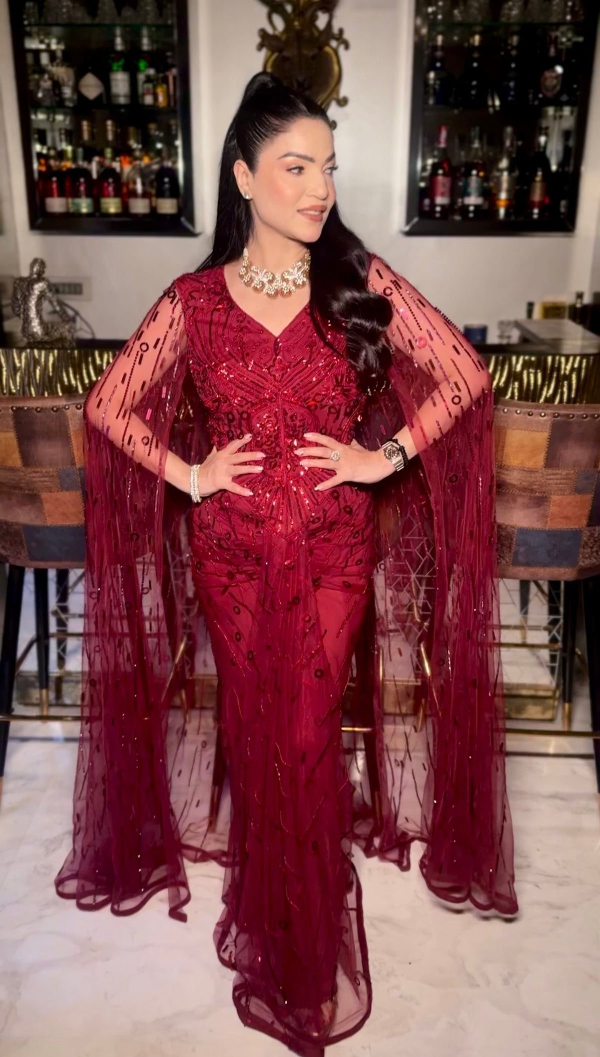Red handwork cape gown