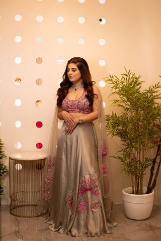 Grey Pink Floral Embroidered Lehenga