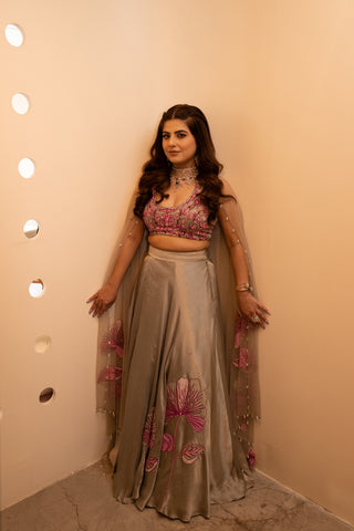 Grey Pink Floral Embroidered Lehenga