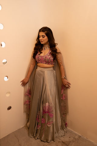 Grey Pink Floral Embroidered Lehenga