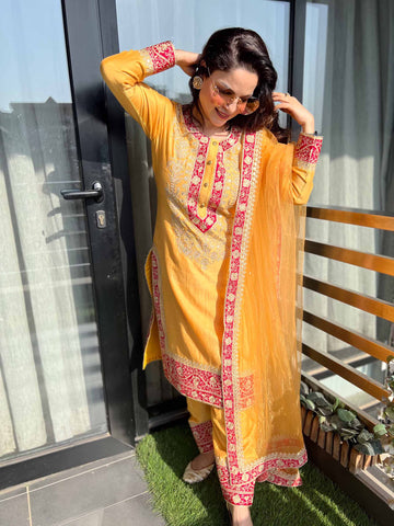 Bright Yellow Embroidered Suit